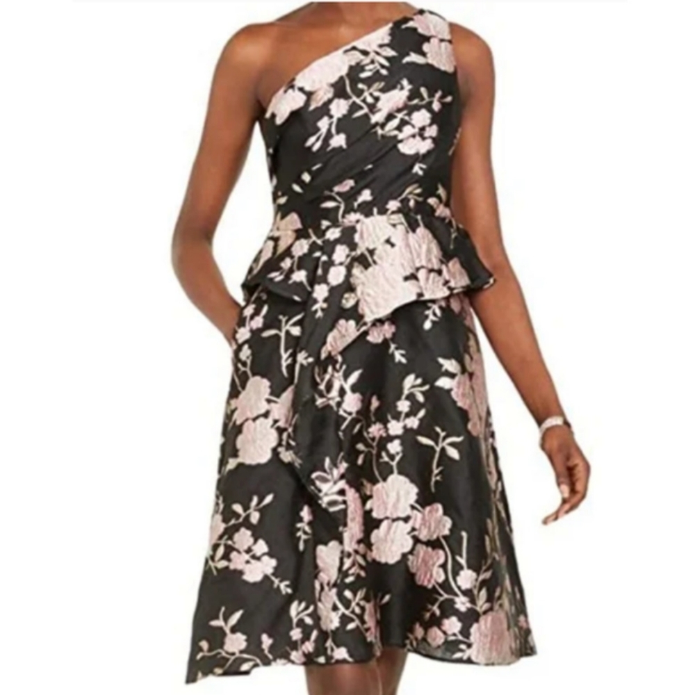Adrianna Papell black floral one shoulder dress